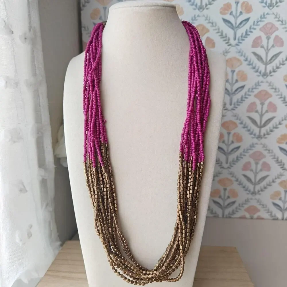 Boho fuschia and bronze two tone multi strand seed bead necklace